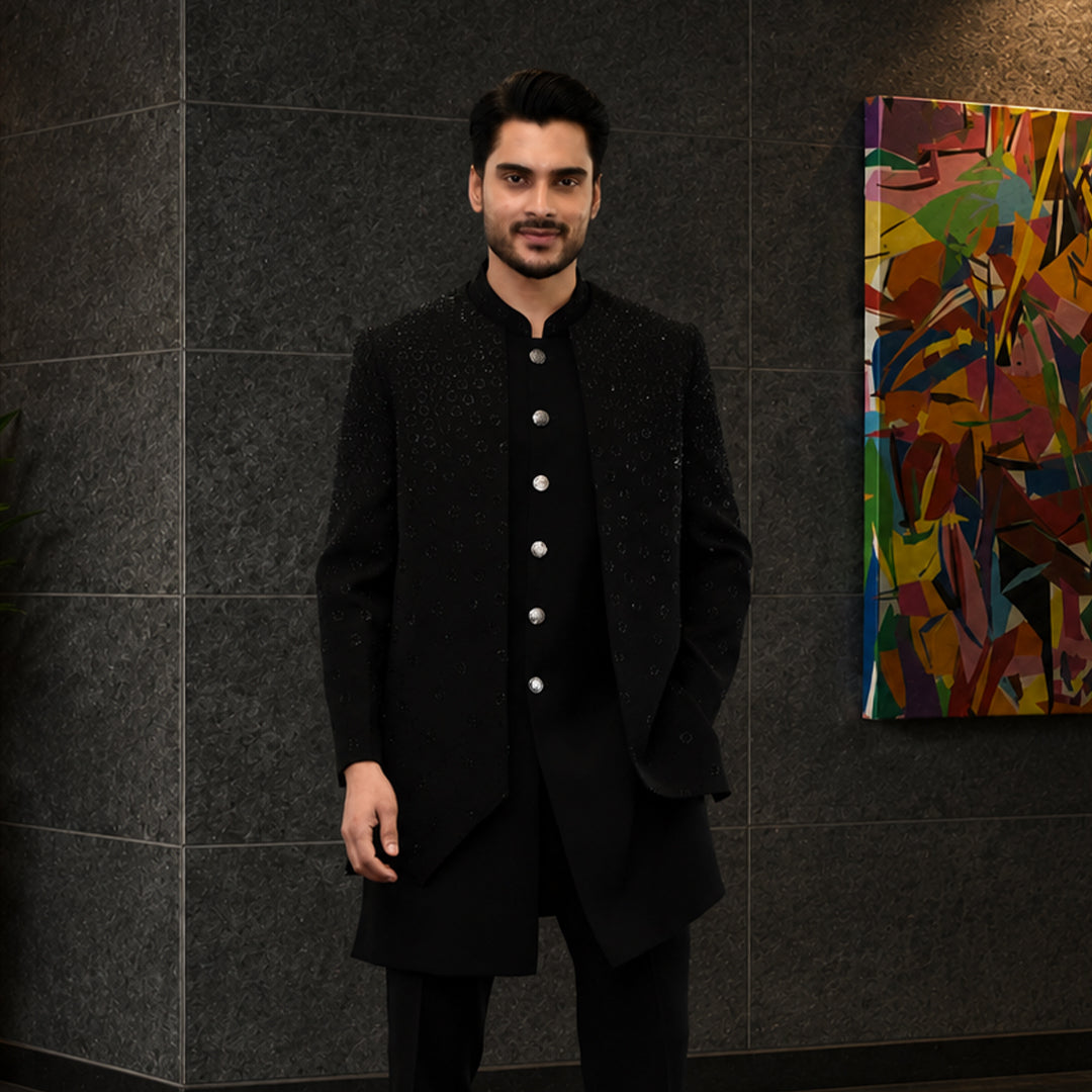 Black Embroidered Open Jacket With Long Bundi