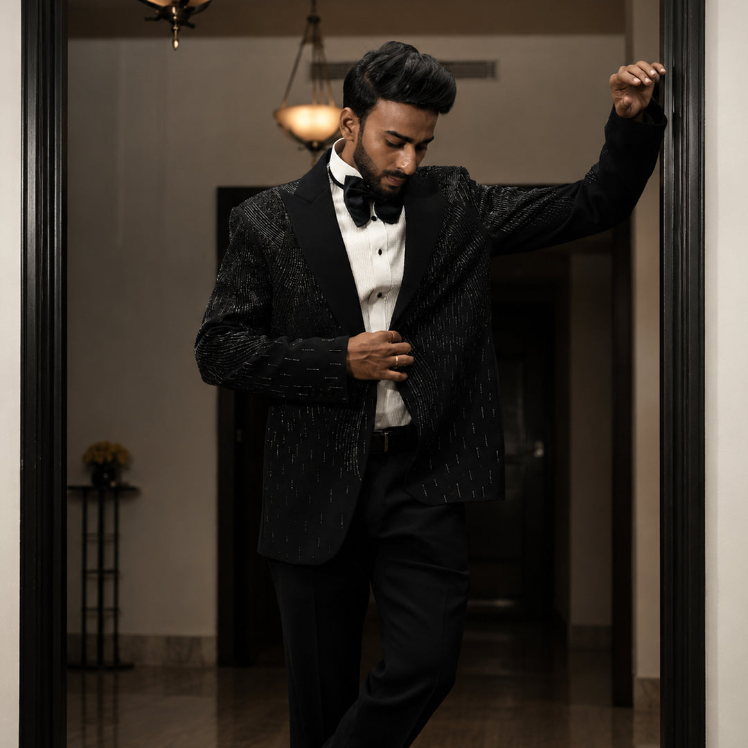 Blue Embroidery Tuxedo With Notch Lapel