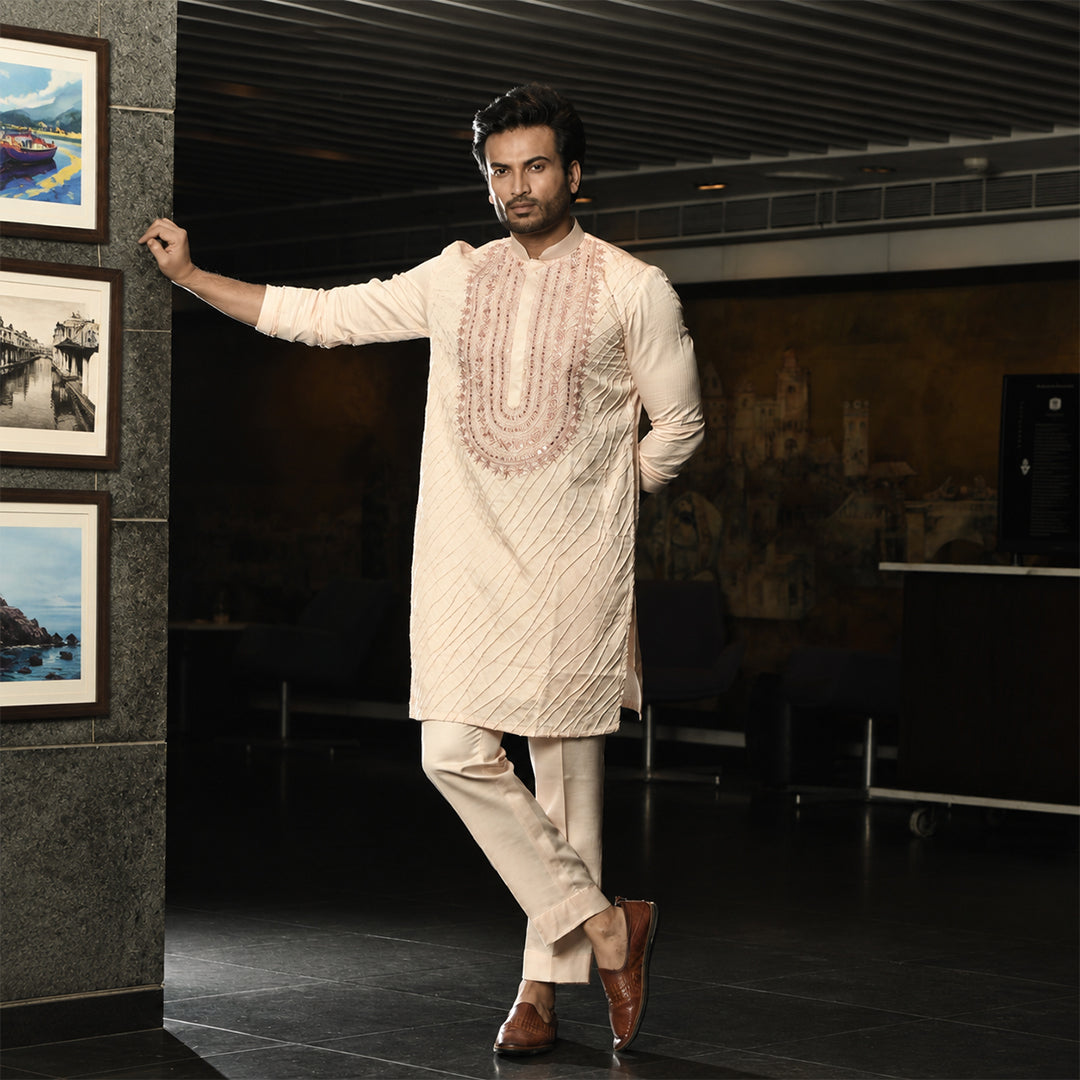 Peach Embroidered With Mirror Kurta