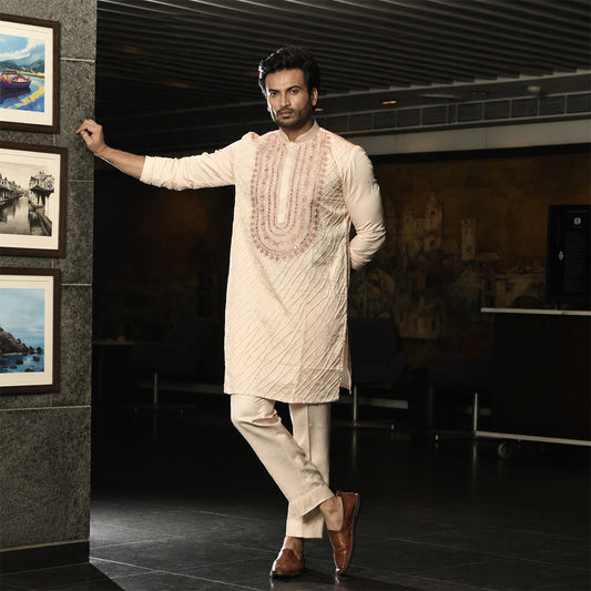 Peach Embroidered With Mirror Kurta