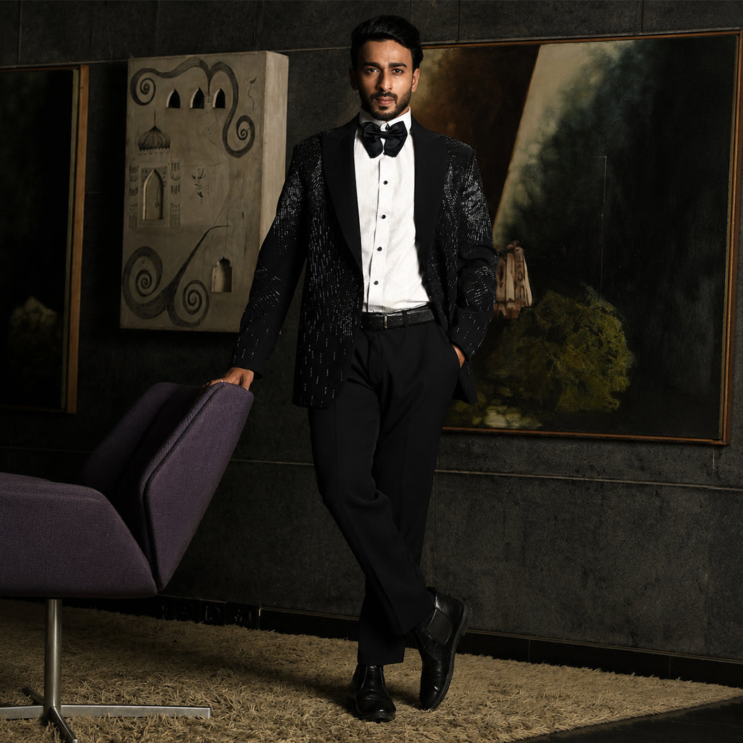 Blue Embroidery Tuxedo With Notch Lapel