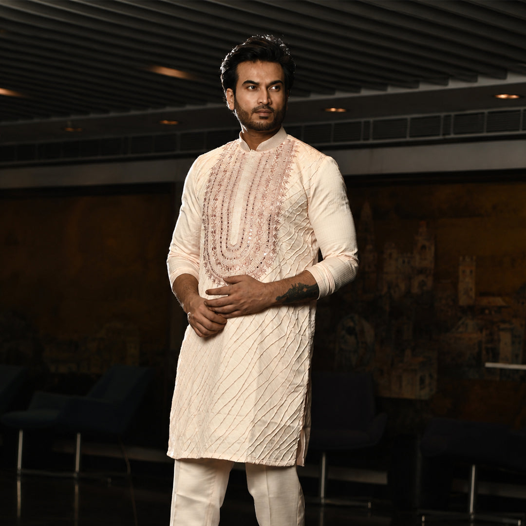 Peach Embroidered With Mirror Kurta