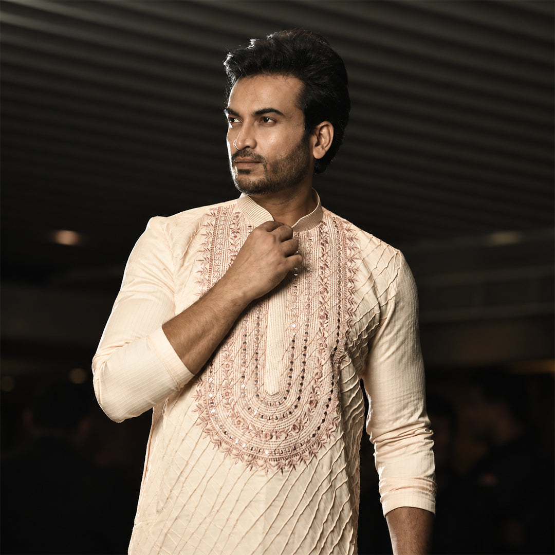 Peach Embroidered With Mirror Kurta