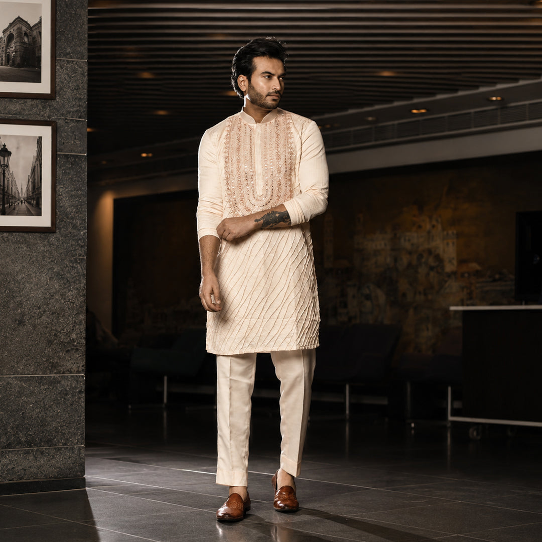 Peach Embroidered With Mirror Kurta