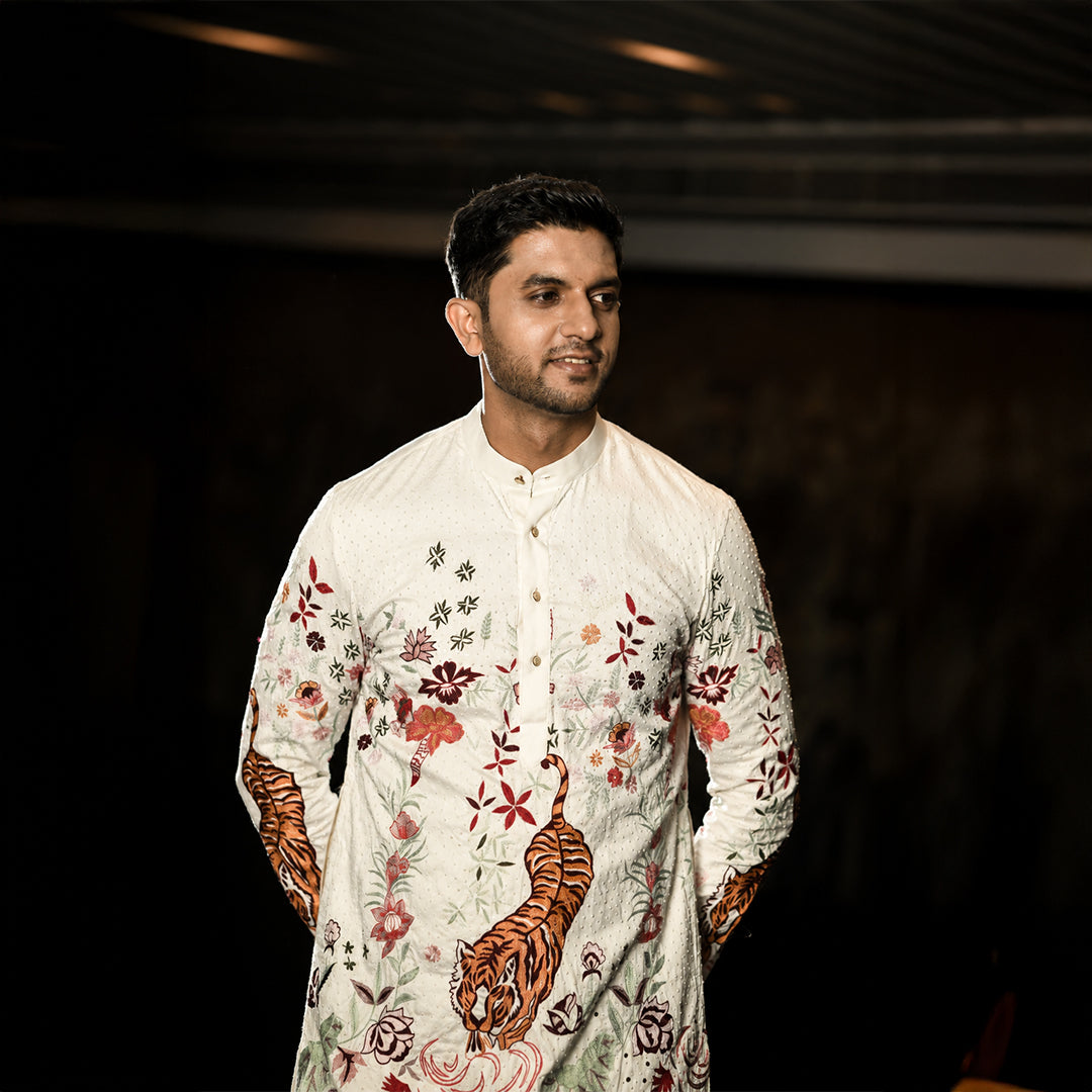Cream Embroidered Tiger Theme Kurta