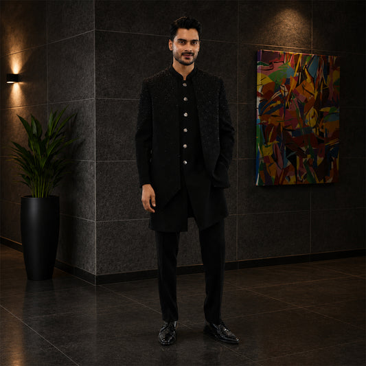 Black Embroidered Open Jacket With Long Bundi