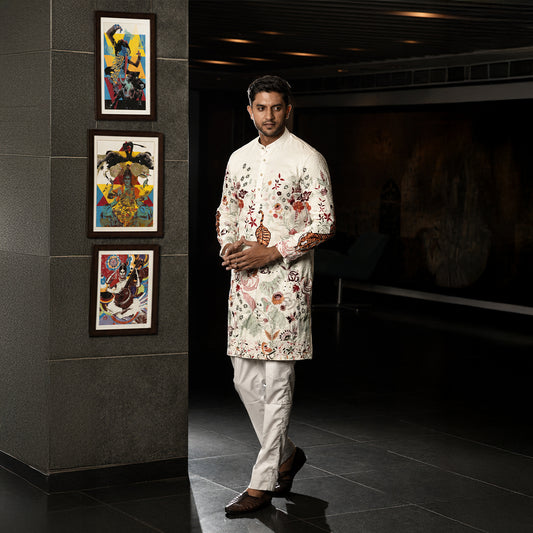 Cream Embroidered Tiger Theme Kurta