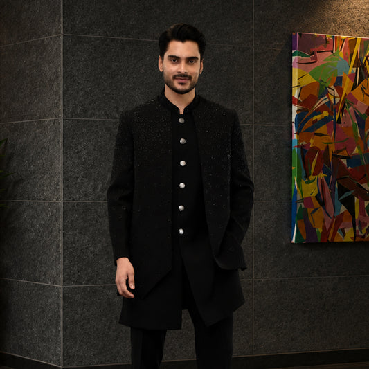 Black Embroidered Open Jacket With Long Bundi